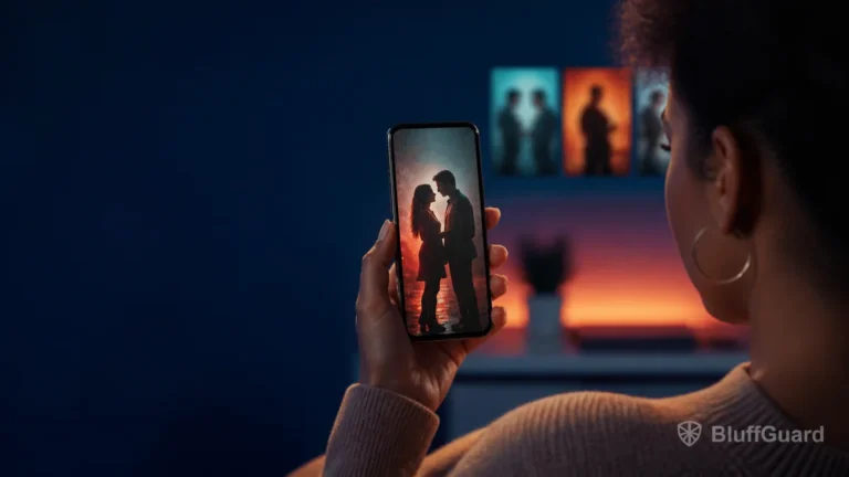 Woman watching a vertical short drama on her phone at home