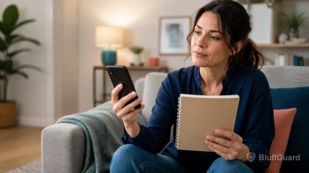 Woman choosing a short drama app while taking notes