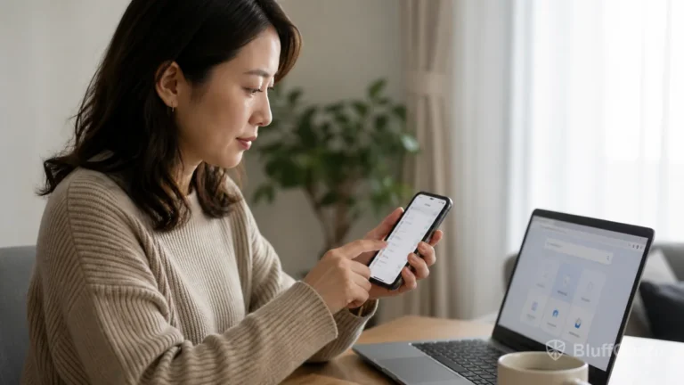 Woman reviewing short drama app settings beside a laptop