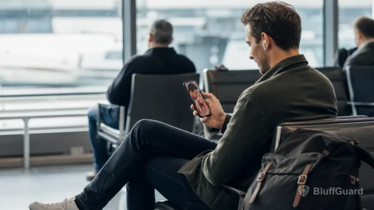 Man watching downloaded short drama episodes while travelling