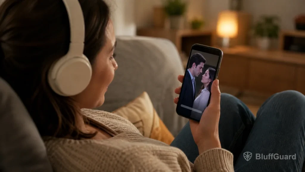 Woman watching a subtitled short drama with headphones