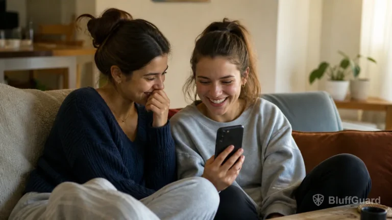 Friends laughing while watching a short drama together