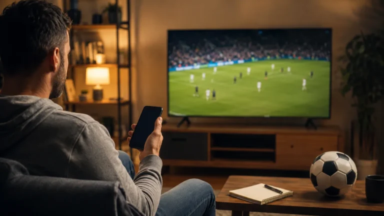 Viewer watching a football match while using a phone at home