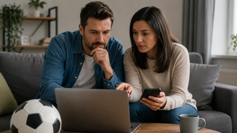 Couple comparing football viewing coverage on a laptop and phone