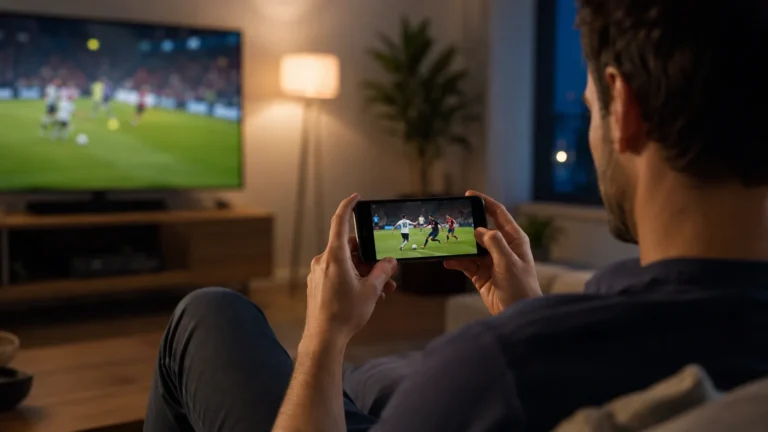 Football fan watching match highlights on a phone at home