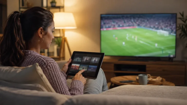 Viewer comparing football live-streaming options at home