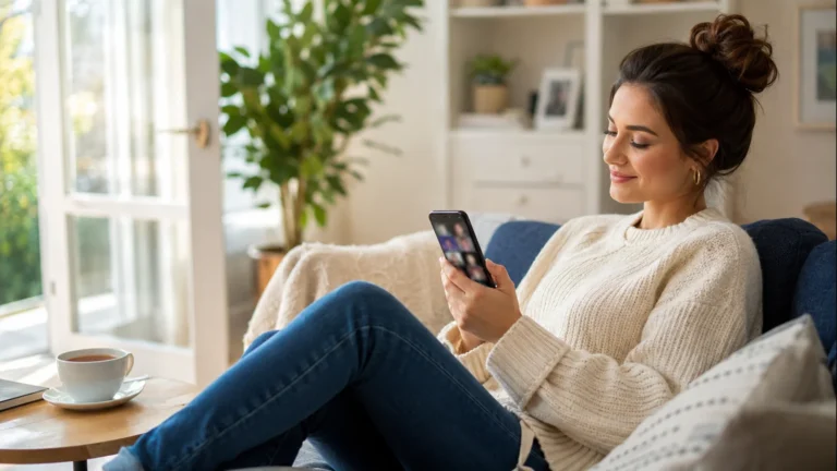 Woman watching short dramas for free on her phone at home