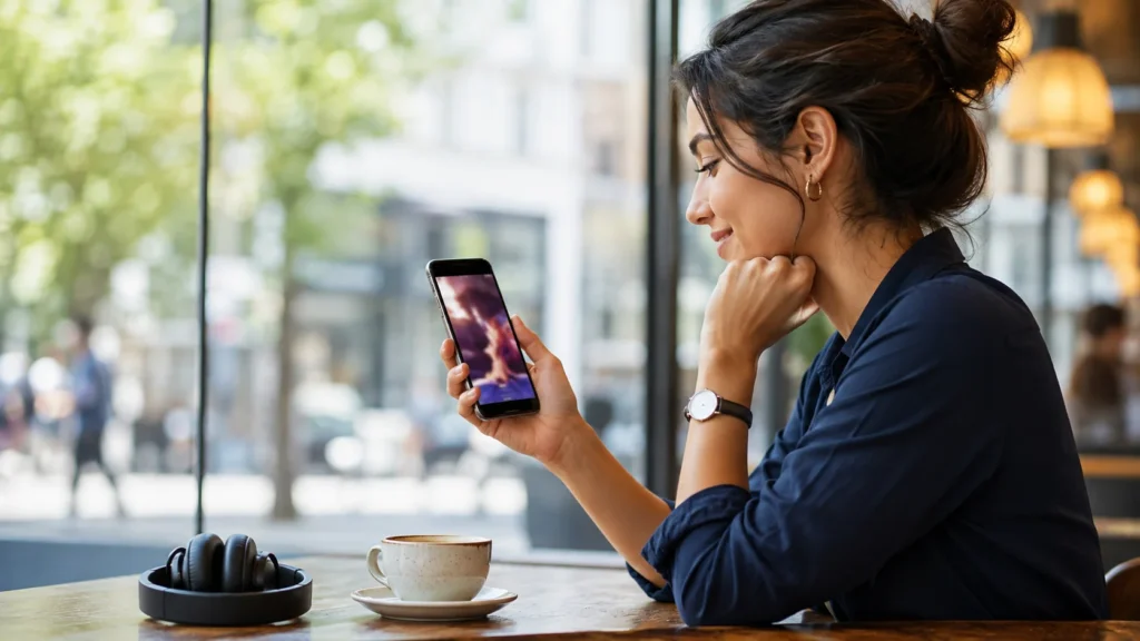 Woman watching short dramas on a smartphone in a cafe