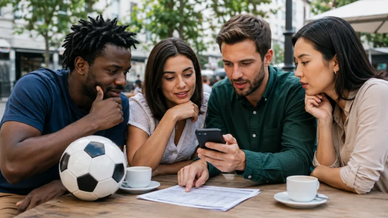 Friends checking international football match information on a phone