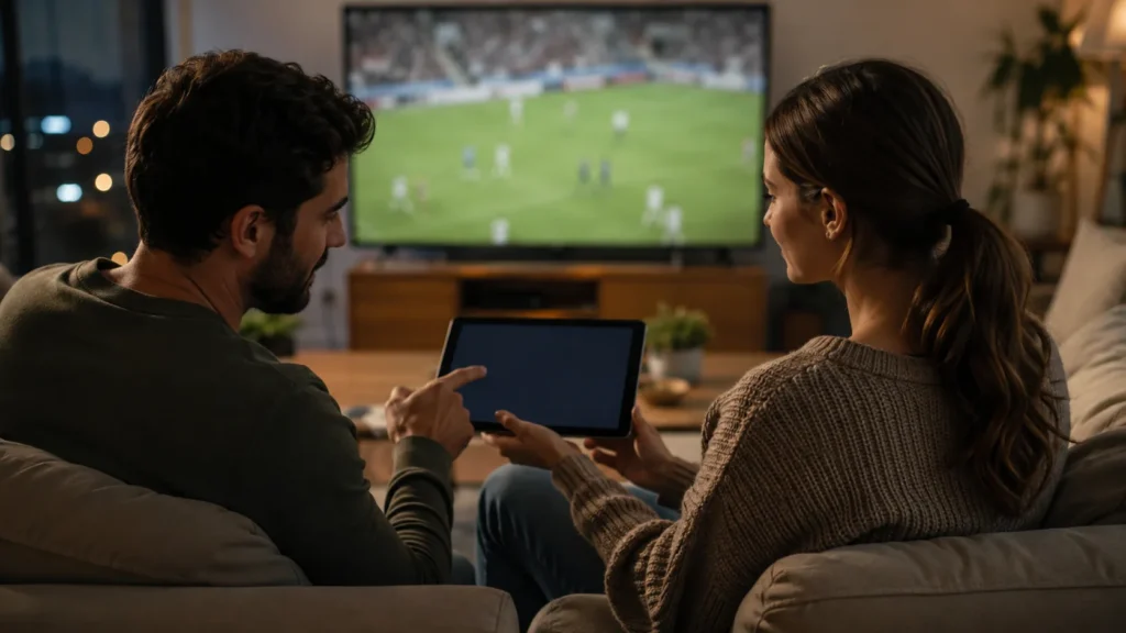Couple comparing football live-streaming options on a tablet at home