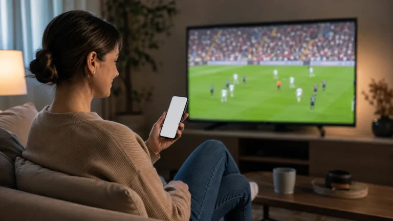 Viewer using a phone while watching a football match at home
