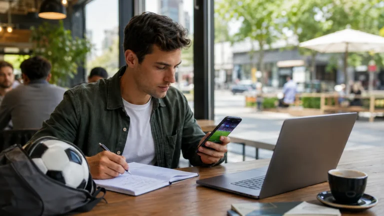 Football fan comparing score and alert options on a phone at a café