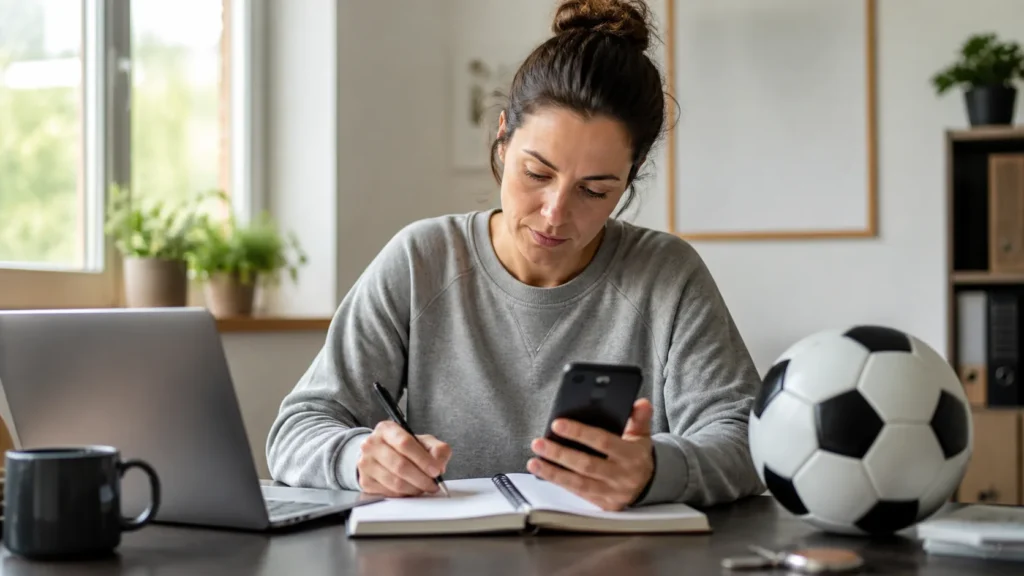 Football fan planning a match schedule with a phone and notebook