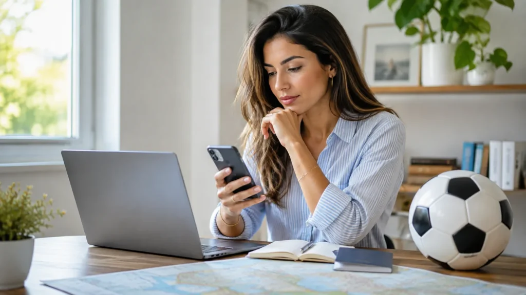 Football fan planning match viewing with a phone and laptop
