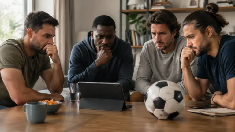 Football supporters reviewing a recent match recap on a tablet