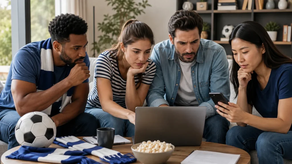 Football fans checking upcoming match information together at home