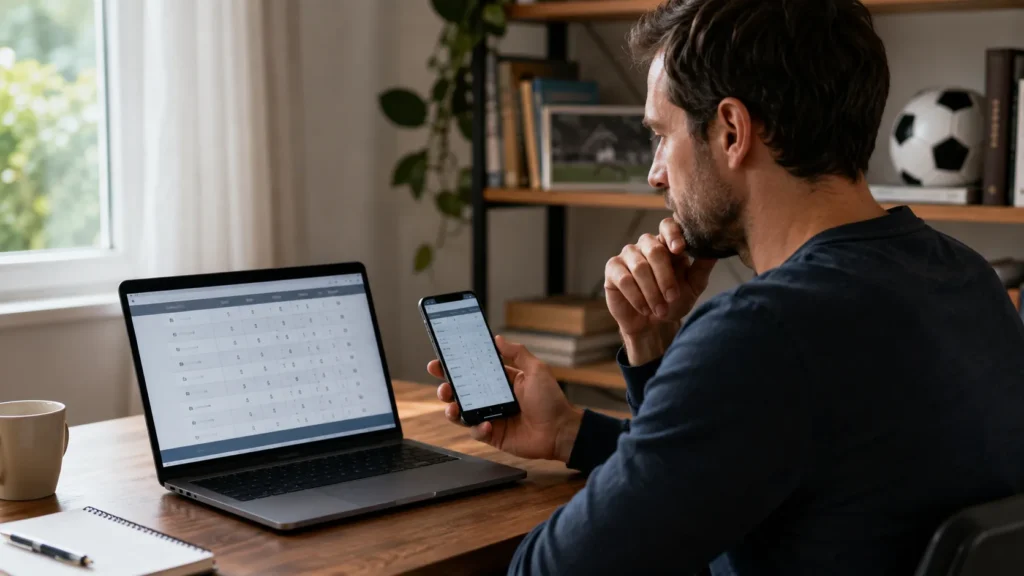 Football fan reviewing match standings on a laptop and phone