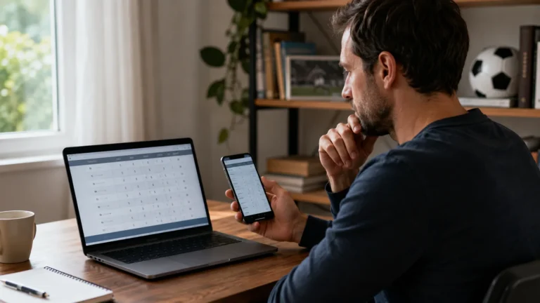 Football fan reviewing match standings on a laptop and phone